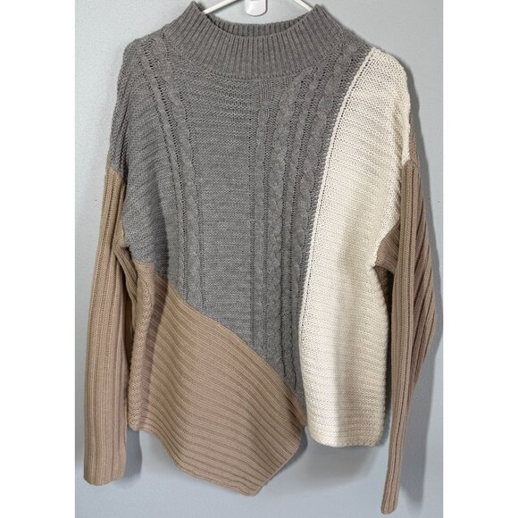 Lauren Hansen Cable Knit Colorblock Sweater Womens Large Cozy Winter High Neck - Picture 1 of 8